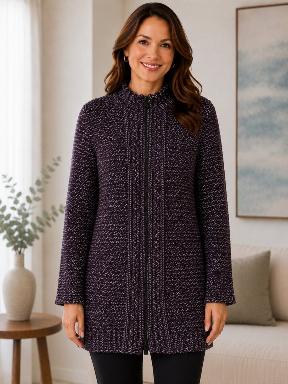 Dialogue L Marled Knit Tunic Sweater Purple Silver Metallic Thread 2 Way Zip